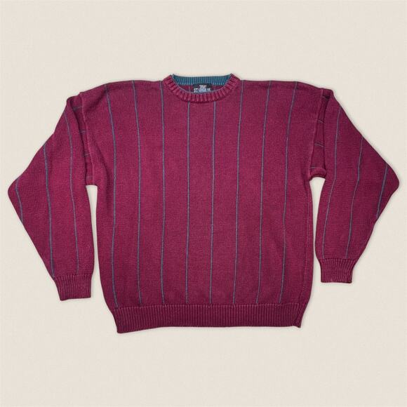 Vintage 90s Burgundy Grandpa Sweater Cotton Blend Stripes Structure - Size Large - Picture 1 of 5